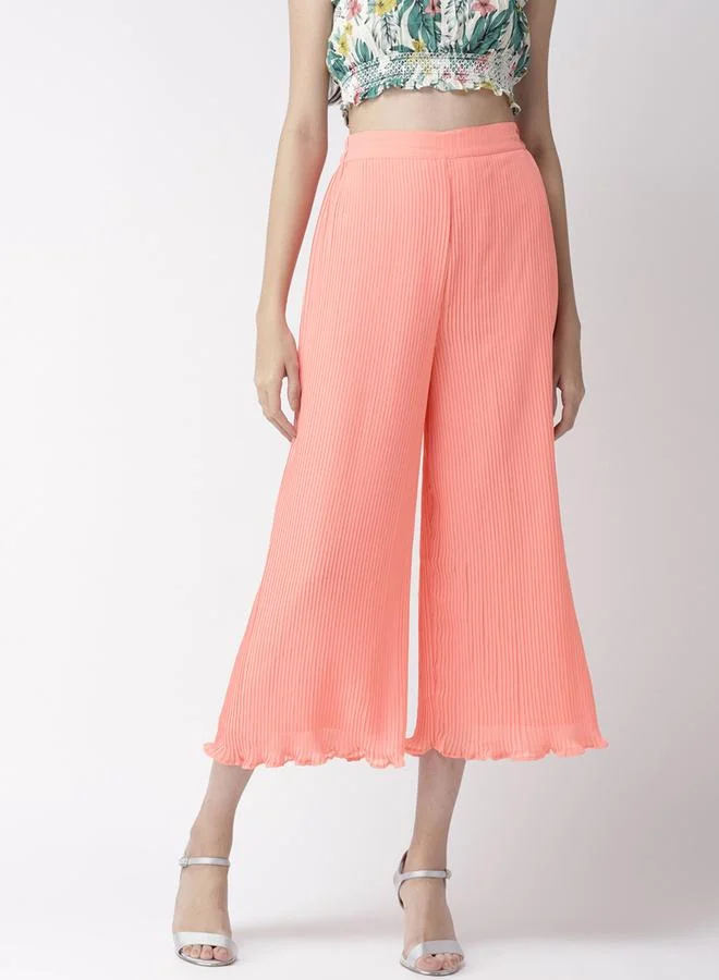 Mish  Women Peach Pleated Flared Trousers for Women | Best Price UAE